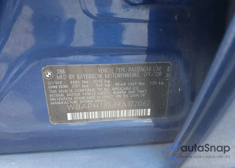 2009 BMW 328I z USA, uszkodzony, nr VIN WBAPH73589A172062